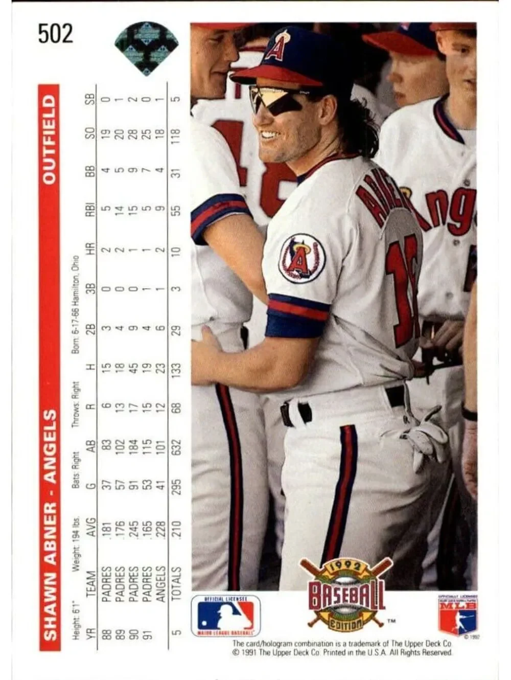 Shawn Abner 1992 Upper Deck MLB #502 Baseball Card California Angels